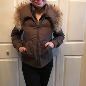 BCBG short puffer coat with real fox trim