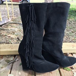 Black Suede fringe wedge boots