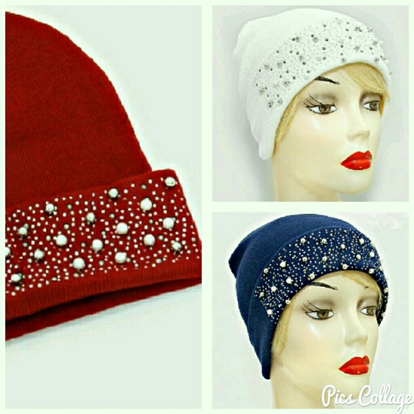 Pearl & Rhinestone Knit Beanies