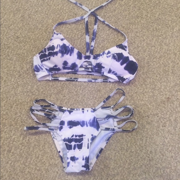 Two piece blue and white bikini