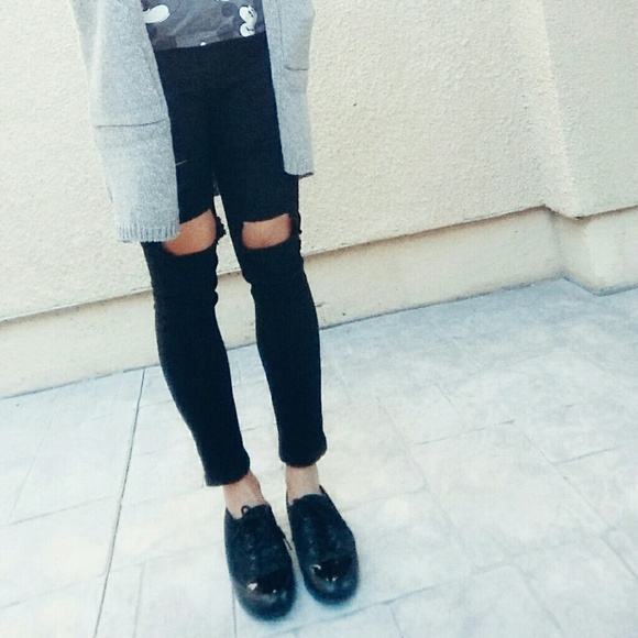 Denim - High Waisted Distressed/Ripped Skinny Black Jeans