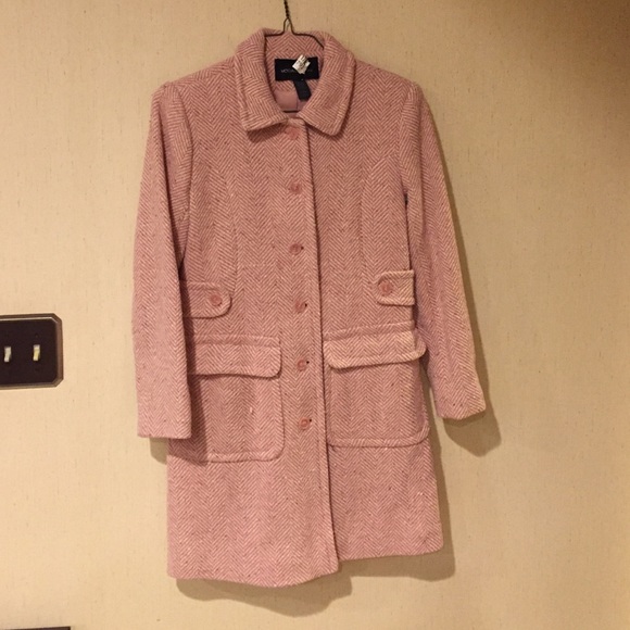 Pink and White Herringbone Long Pea Coat