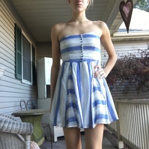 Lucia Couture strapless blue and white dress.