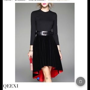 NWOT Qeexi Black asymmetric midi dress with belt