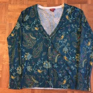 Adorable cardigan with a bird and paisley print.