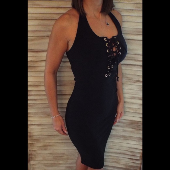 🛍LAST 1 Sexy Lace Up Halter Dress Black 2716 - Picture 3 of 3