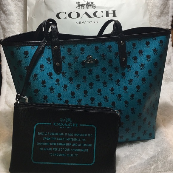 COACH REVERSIBLE TOTE FLORAL SV/TURQUOISE BLACK