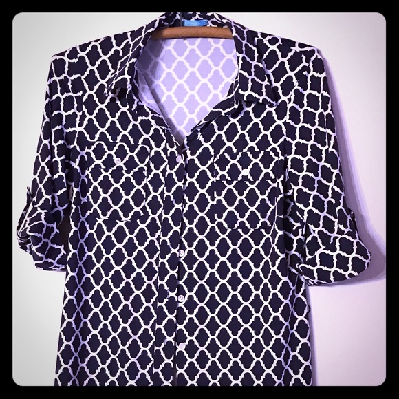 Navy blue and white button down dress - Picture 1 of 3