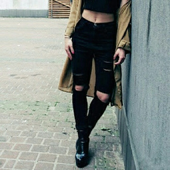 High Waisted Distressed/Ripped Skinny Black Jeans - Picture 2 of 5