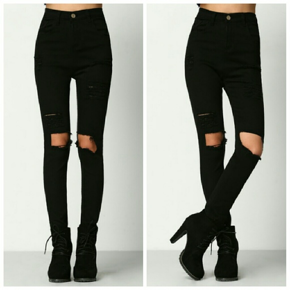 High Waisted Distressed/Ripped Skinny Black Jeans - Picture 3 of 5