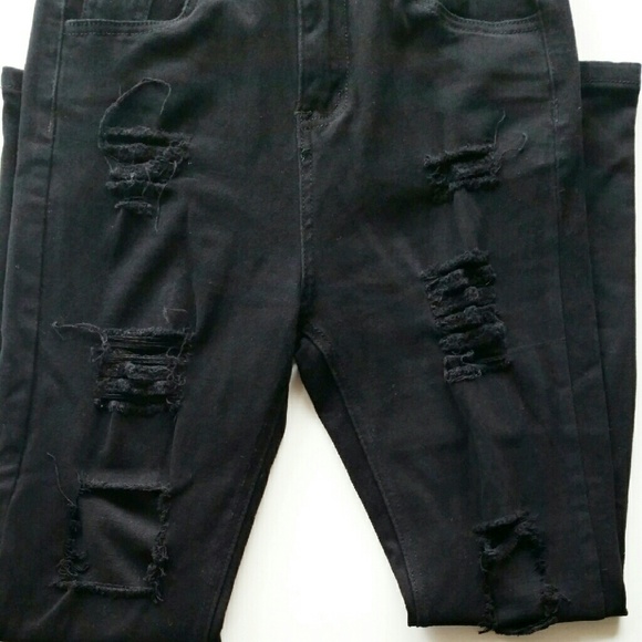 High Waisted Distressed/Ripped Skinny Black Jeans - Picture 4 of 5