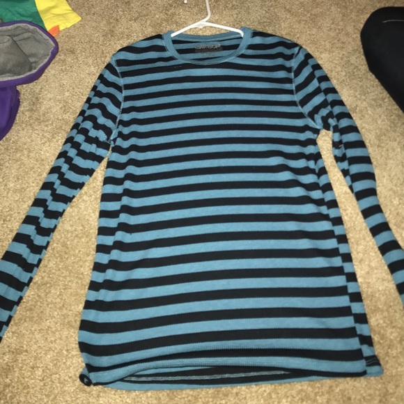 Long sleeve black/blue striped shirt. Size medium