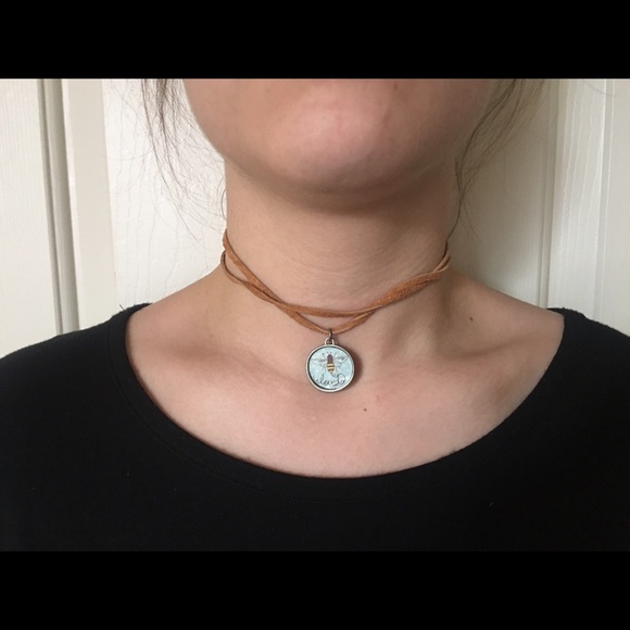 Sweet bumble bee "loved" choker on tan suede !!