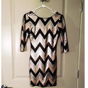 Tri-Color Sequin 3/4 Sleeve Party Dress