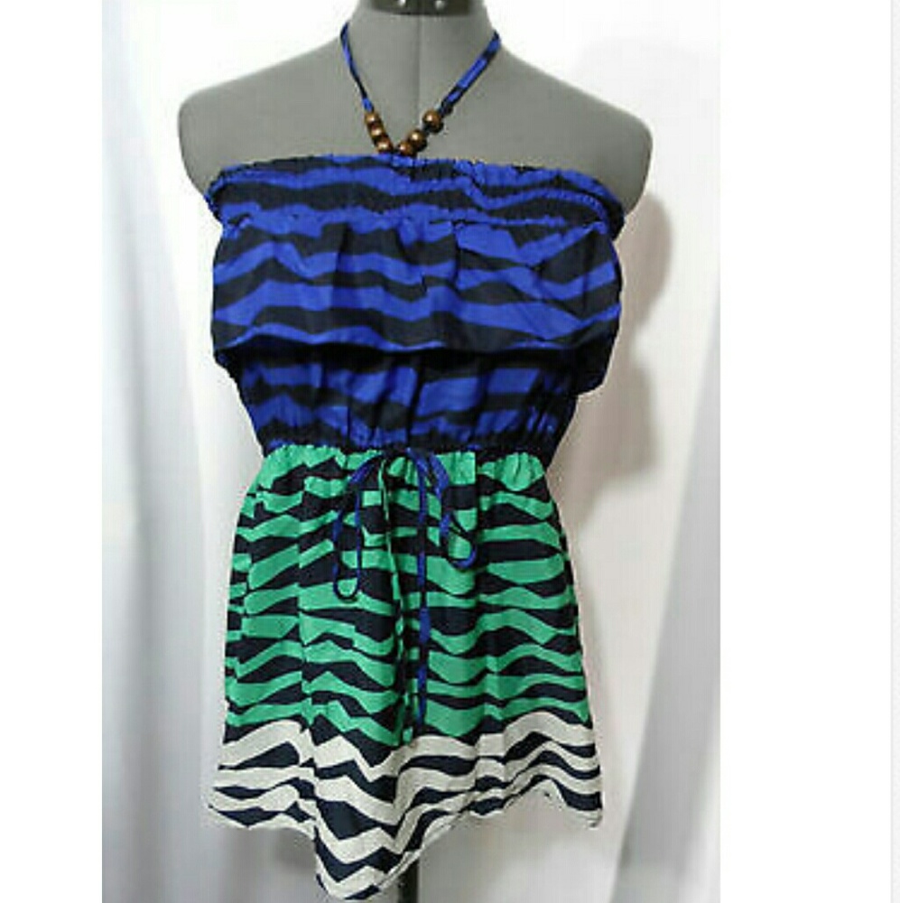 NEW AVAILABLE Beaded Ruffle Halter Top Blue Green SML Lightweight summer blouse