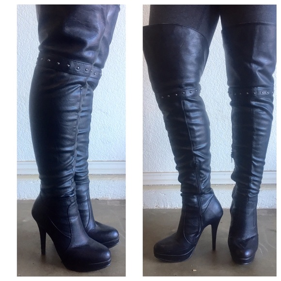 Thigh high faux leather boots with heel