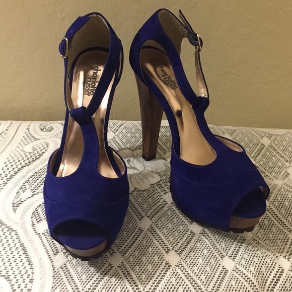 Cobalt T-strap peep-toe Heels