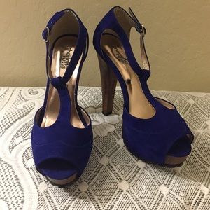 Cobalt T-strap peep-toe Heels