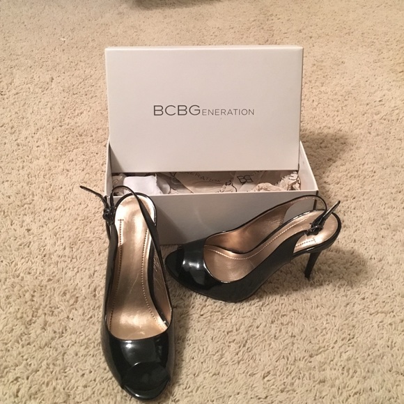 Black Patent Leather Open Toe Sling Back Heels