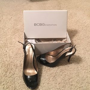 Black Patent Leather Open Toe Sling Back Heels