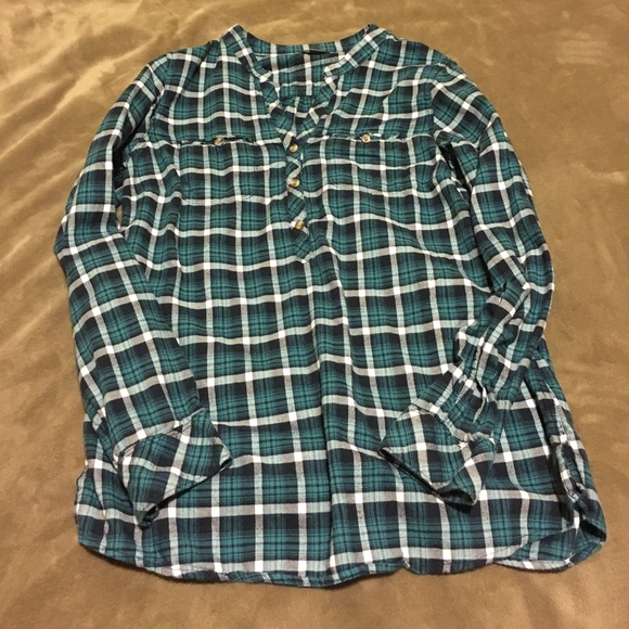 Eddie Bauer teal, plaid, long sleeve shirt.