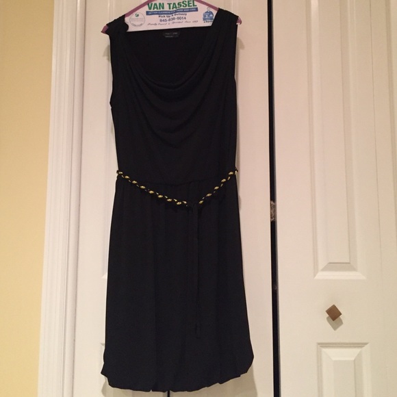 black dress with gold braid belt