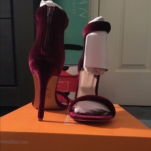 Burgundy velvet ankle strap pumps