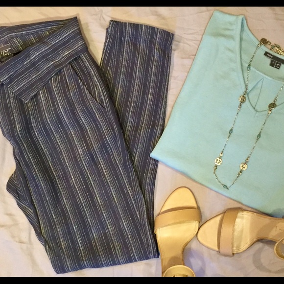 VINCE Blue Striped Fold Over Pants