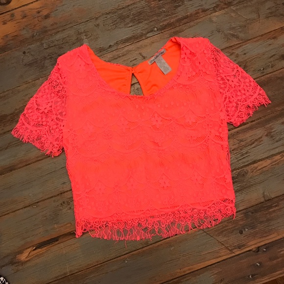 Bright Pinky Orange Lace Crop Top