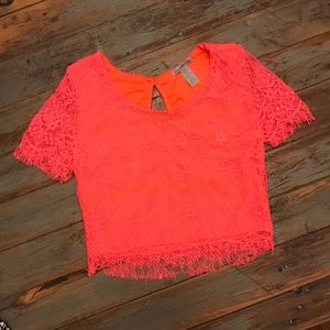 Bright Pinky Orange Lace Crop Top