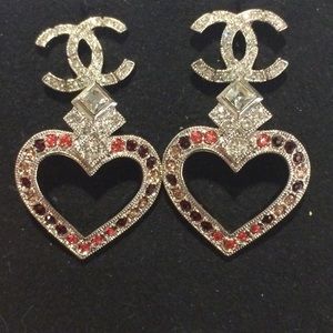 Authentic Chanel Crystal Strass CC Silver Earrings