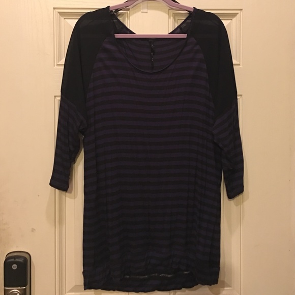 Purple & black stripe blouse sheer/mesh shoulders