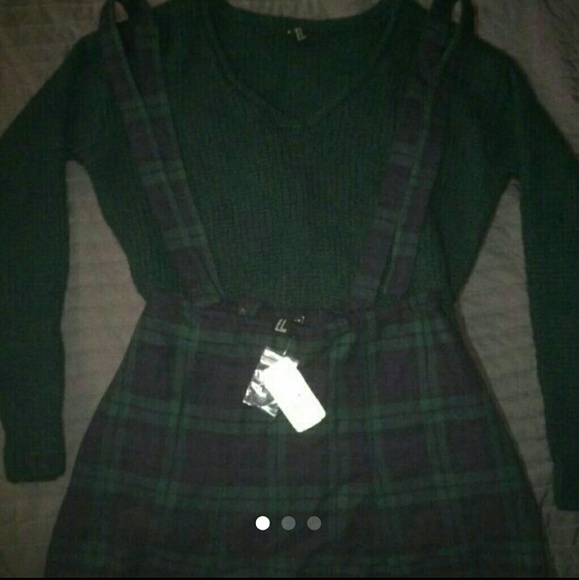 Forever 21 Plaid Skirt with Suspenders & Sweater