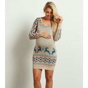 Beige reindeer fitted sweater dress