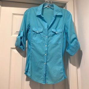 James Perse classic button down in turquoise.