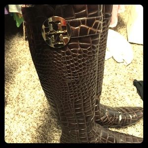 EUC Tory Burch Croc embossed knee high boots. 9.5