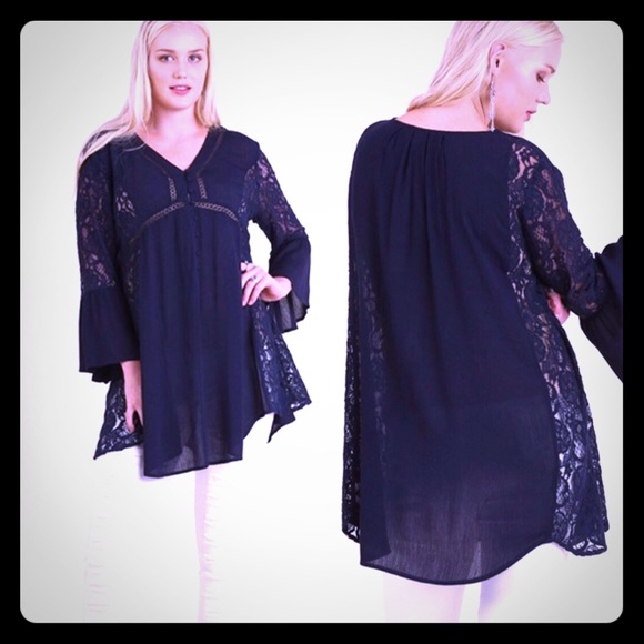 Navy blue long flowy peasant top with lace.