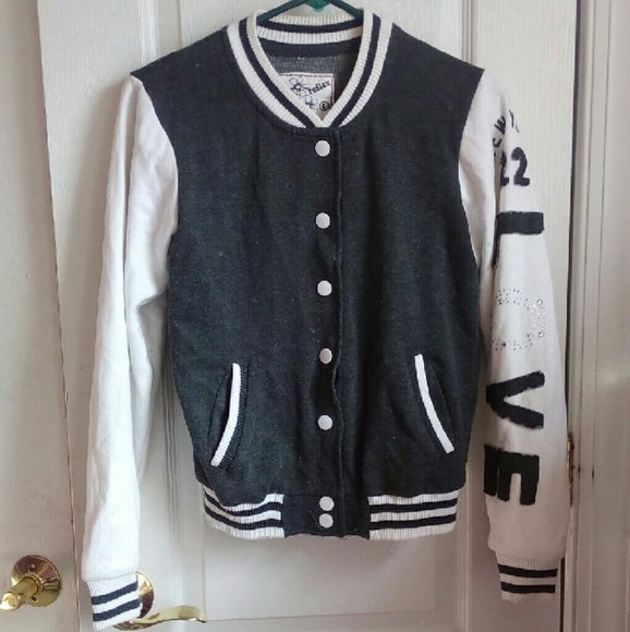 Gray and white varsity jacket