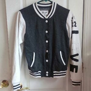 Gray and white varsity jacket