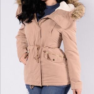 Camel color jacket with fur lined hood