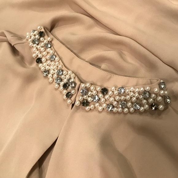 Tops - Blouse with pearl and rhinestone studded collar.