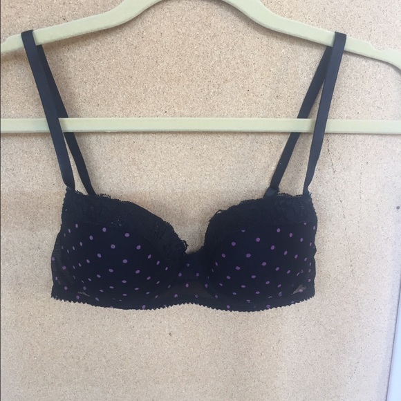 Black Pink Polka-Dot Bra with Black Lace Trimming