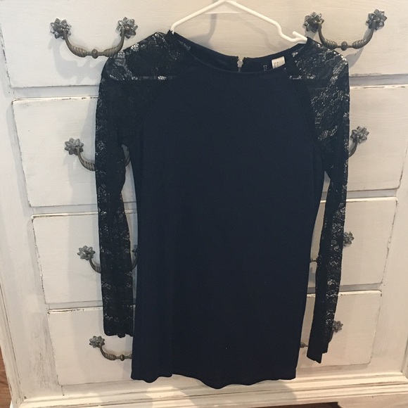 H&M navy blue dress with lace black sleeves.