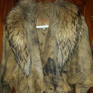 Aviator brown GENUINE fur and leather coat