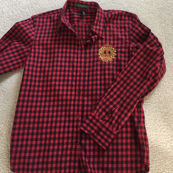 Long sleeved black and red checked blouse