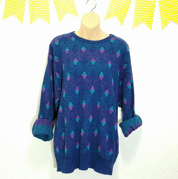 Vintage Sweaters - Rad 90s Geometric Blue and Purple Sweater sz M E4