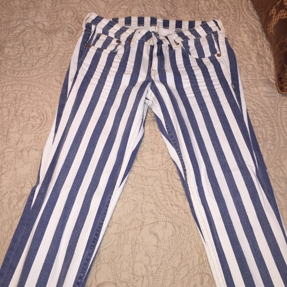 Skinny blue and white striped jeans.