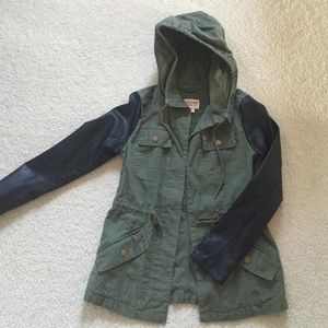 Army green jacket with leather sleeves, size S