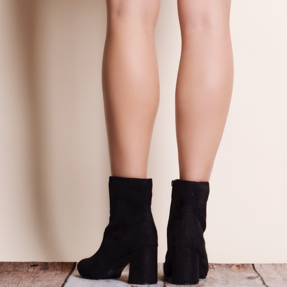 Black Suede Chunky Heel Bootie / Ankle Boot - Picture 3 of 4