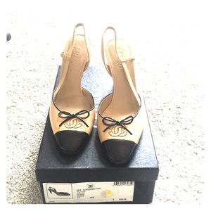 tan and black classic chanel slingback